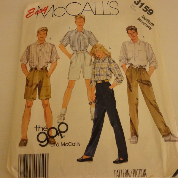 unisex sewing pattern Vintage GAP Men / Unisex Adult Size M Pants/Shirt 3159 McCall's sewing pattern