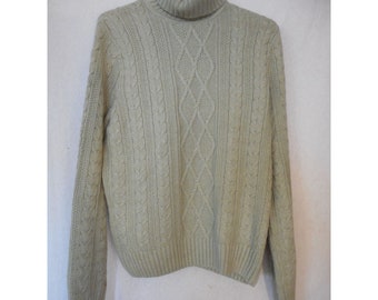 Vintage Sage 100% Cotton cable knit ribbed turtleneck Sweater Sz L Jeanne Pierre