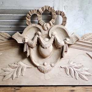 Grand fronton ancien en bois, France, décoration murale peinte, décoration architecturale baroque de récupération Napoléon III