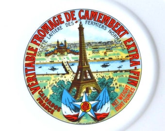 Vintage reclame Franse kaas portie Limoge keramische plaat Fromage Voorzitter Camembert Eiffeltoren Apilco