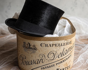 Antique French Silk Top Hat with Original Hat Box Poussard Delamas Nantes Victorian Formal Hat French Gentleman Top Hat