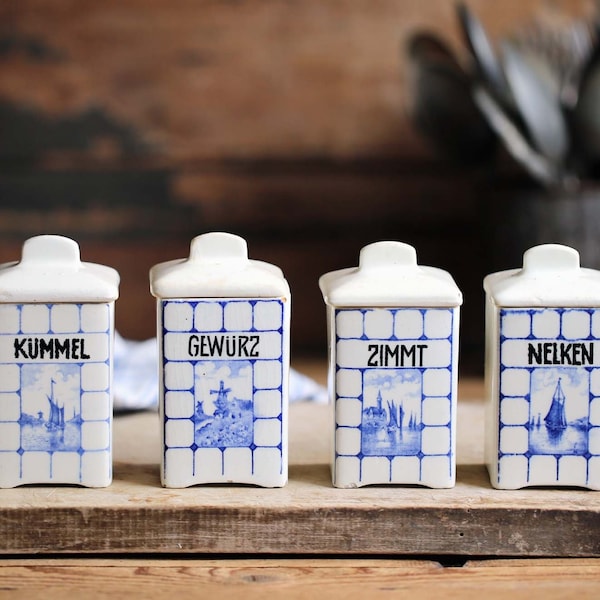 Set of 4 Antique Spice Canisters Blue Check Ceramic German Kitchen Storage Jars Pots Minerva