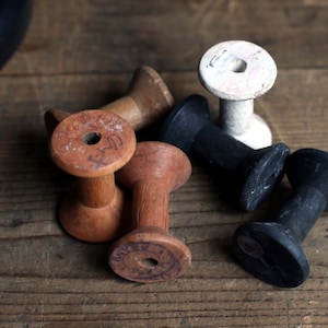 6 Antique French Wooden Spools Spindles Chunky Wooden Bobbins Yarn Reels