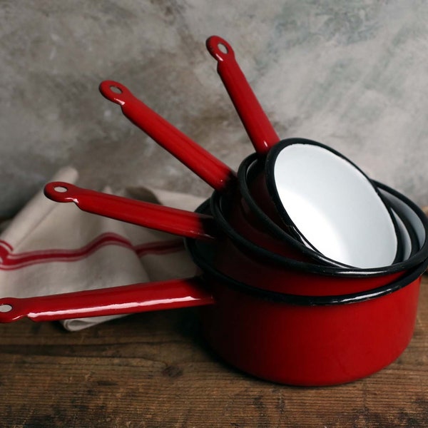 Set Of 4 Vintage French Red & White Enamel Pans Enamelware Saucepans