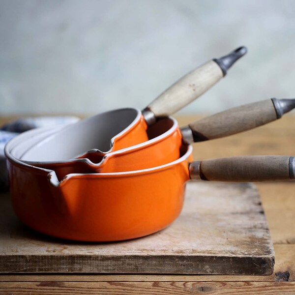 Set Of 3 Vintage French Le Creuset Cast Iron Sauce Pans Orange Enamel Cookware Mid Century Size 14, 18, 20