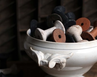 6 Antique French Wooden Spools Spindles Chunky Wooden Bobbins Yarn Reels