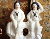 Antique Staffordshire Pottery Twins in Sailor Outfits Flatback English Statue Ceramic Folk Art Figures