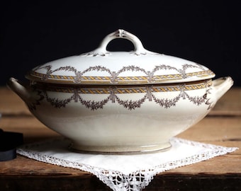 Large Antique French Oval Tureen Ceramic Serving Soup Bowl 1800s Empire Sarreguemines