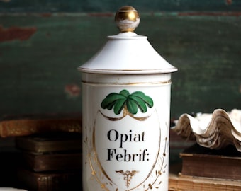 Large Antique Apothecary Jar French Opiat Febrif Opium & Feverfew Porcelain Pharmacy Pot Storage Canister