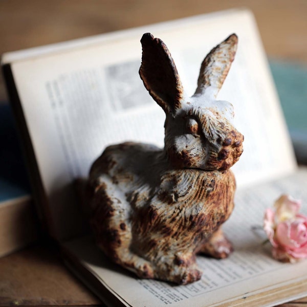 Antique French Rabbit Paperweight Ornament Cast Iron Figurine Small Doorstop
