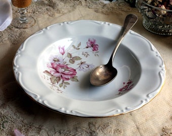 Bol vintage italien en porcelaine blanche avec joli plat rond à motif floral rose Royal Tognana
