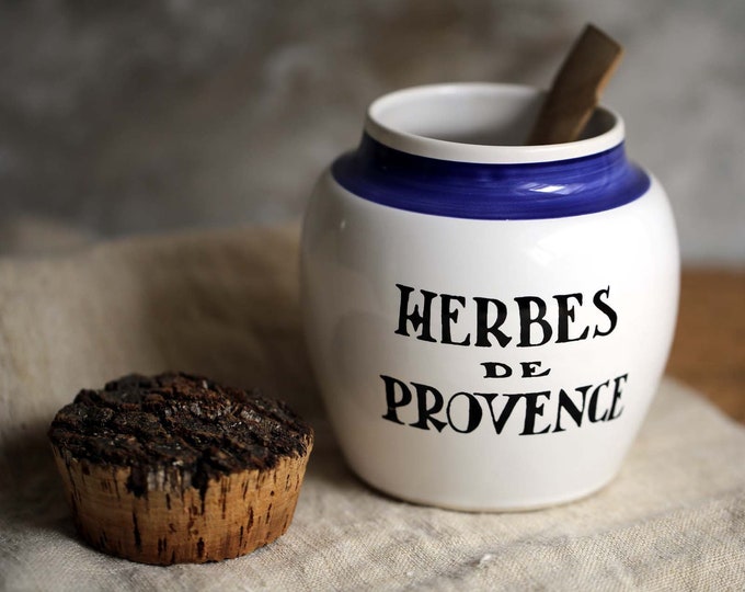 French Herbes De Provence Jar Spice Canister With Cork Lid Blue & White