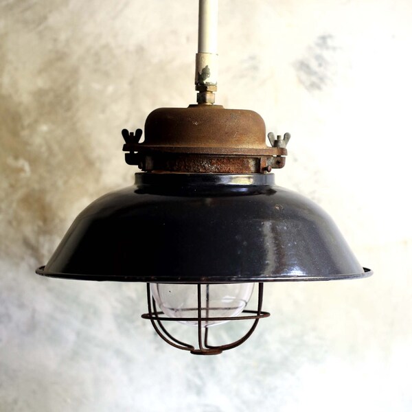Industrial French Light Black & White Enamel Cast Iron Wire Cage Pendant Metal Ceiling Lamp 1940s