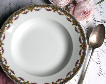 Antique French Bowl White Porcelain with Gold Blue & Pink Rose Design Round Dish from Limoges