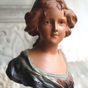 Large Art Nouveau Statue of a Lady Antique Bust Chalkware Young Woman Figurine c.1900 Serenite