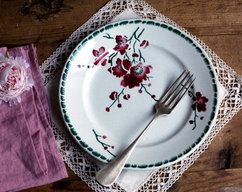 Assiette en pierre de fer vintage, vaisselle au pochoir en fleurs de cerisier rouge et verte antiques