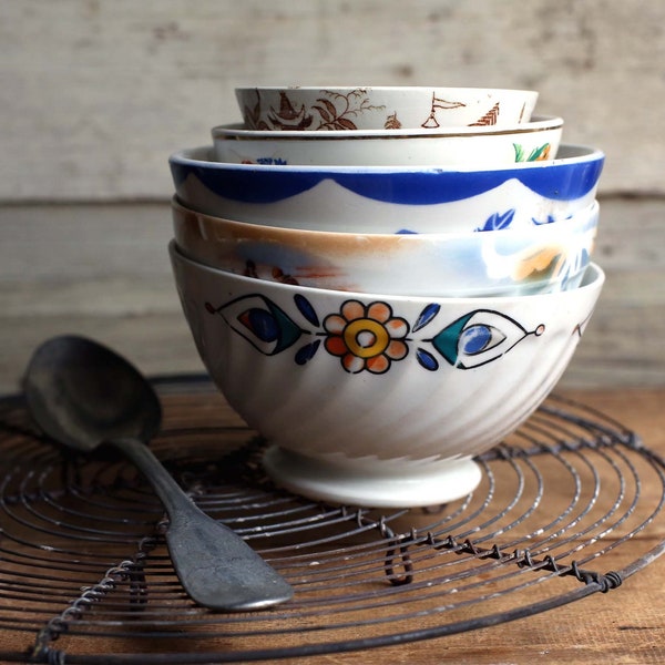 5 Assorted Antique French Cafe au Lait Bowls Vintage Stencilware Ceramic France