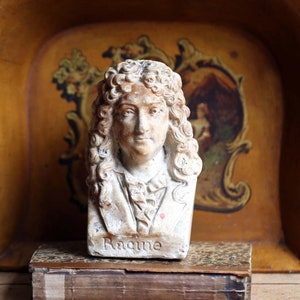 Antique Bust of Jean Racine Male Writer Plaster Figurine of a Man Head by Pierre Joseph Chardigny