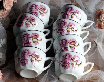 Set of 8 Pink & White Floral Porcelain Tea Cups or Coffee Cups Vintage French Fine China