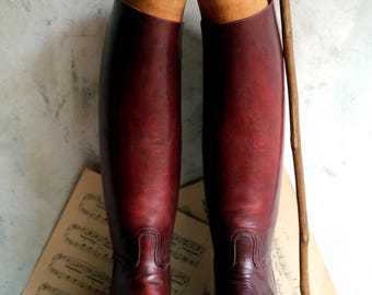 Antique French Leather Cavalry Boots & Stretchers Equestrian Pair of Shoe Lasts Wooden Formers
