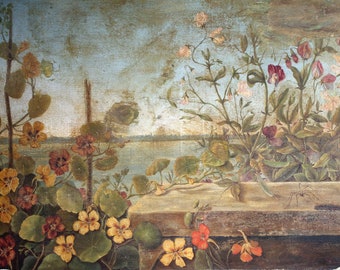 Grande peinture à l'huile originale française par Emma Bardin Art floral ancien nature morte capucines