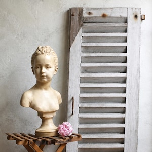 Antique French Wooden Louvres Shutter Old Distressed Door Rustic White Painted Slatted Tall Panel Architectural Salvage Backdrop