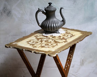 Florentine Folding Table Cream & Gold Small Wooden End Table Vintage Italian Occasional Tea Tray