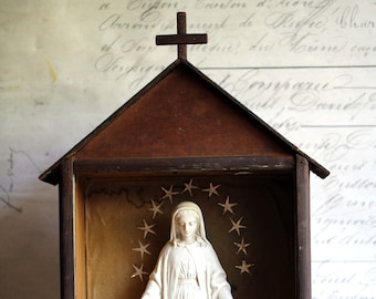 Antique French Reliquary & Mary Statue Religious Display Cabinet Wooden Niche Shrine with Crucifix