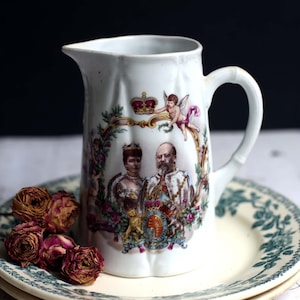 1902 Souvenir Jug Coronation of King Edward VII and Queen Alexandria Antique Porcelain Pitcher Vintage Memorabilia Royalty image 1