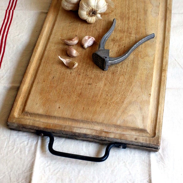 Large French Bread Board Vintage Rustic Wooden Carving Chopping Cutting Wood with Metal Handle Food Photography Prop