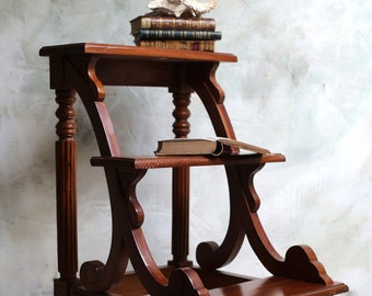 French Library Steps Neo Classical Style Vintage 3 Tier Mahogany Library Ladder