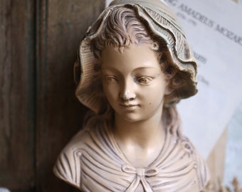 Vintage French Bust Statue Young Girl Romantic Style Plaster Figurine