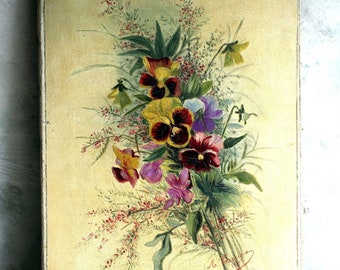 Original Français peinture à l'huile par M Carriere Art floral antique nature morte pensées