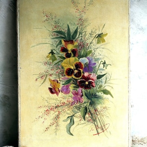 Original Français peinture à l'huile par M Carriere Art floral antique nature morte pensées image 1