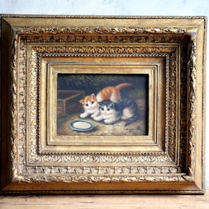 Original Kittens Oil Painting Vintage Gilt Frame Cat Art by G Homan