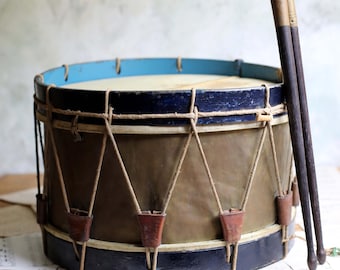 Large Antique Brass Drum French Military Musical Instrument Marching Band Snare Drum & Ebony Drumsticks