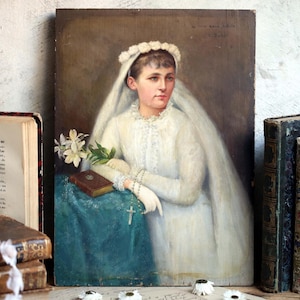 Antique Oil Painting: Girl&#39;s Holy Communion Portrait by Emil Baré