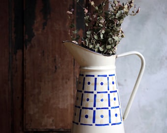 Large Antique Blue & White Check Enamel Pitcher French Metal Jug Art Deco