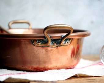 Large Antique French Solid Copper Jam Pan with Brass Handles