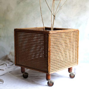 大型アンティーク竹プランター フランス製編み籐カシュポット キャスター付きカナージュ植木鉢