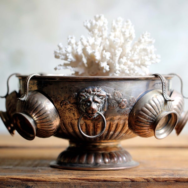 Antique Punch Bowl Set with Cups Silver Plate Pedestal Champagne Bath Ice Bucket Lions Head