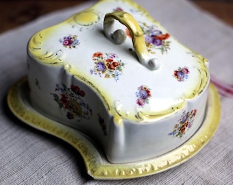 Antike Keramik Käse Teller Floral Deckel Butter Platte