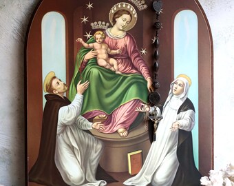 ロザリオの聖母のアンティーク希少カトリック絵画デジタルダウンロード