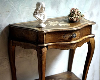 Florentine Console Nightstand/Dresser Wooden Bedside Cabinet Italian Vintage White & Gold