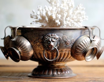 Antique Punch Bowl Set with Cups Silver Plate Pedestal Champagne Bath Ice Bucket Lions Head