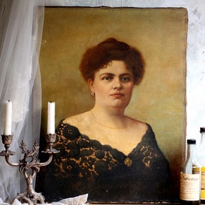 Antique French Portrait Painting: Lady in Lace Dress, Signed L. Magaud, 1902