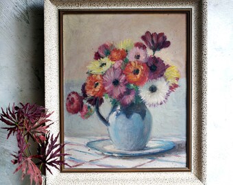 Original Abel RUEL peinture à l'huile antique Français art floral impressionniste nature morte chrysanthèmes