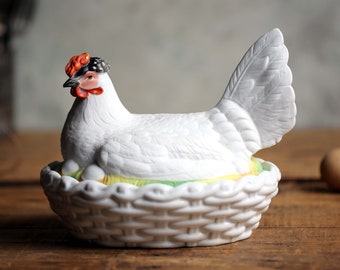 Antique Hen Egg Holder White Chicken Ceramic Kitchen Storage Pot