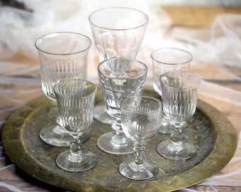 Collection of 7 Antique Glasses Assorted French Antique Handblown Faceted Glass