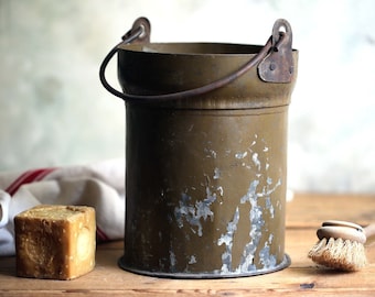 Antique Zinc Bucket Rustic Green Metal Galvanized Recycled Army Old Pail